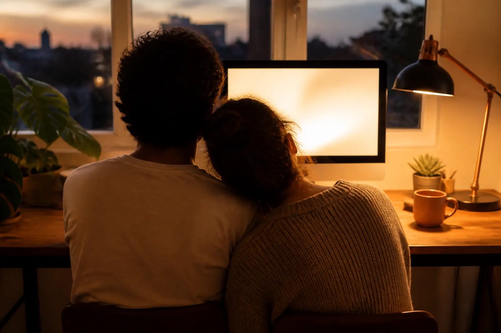 Casal no portal web do evento em tela grande